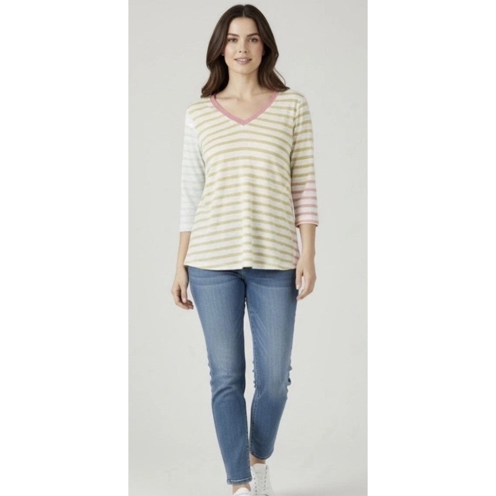 J. Jill 3/4 Sleeve Multi Color Striped Tunic Size Large Button Sleeve Detail